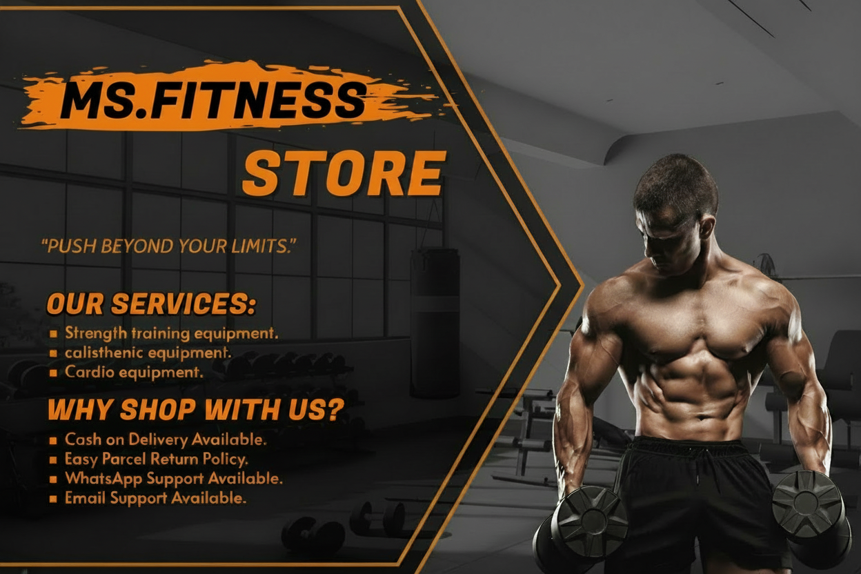 Advertisement for MS Fitness Store featuring a muscular man with fitness equipment.